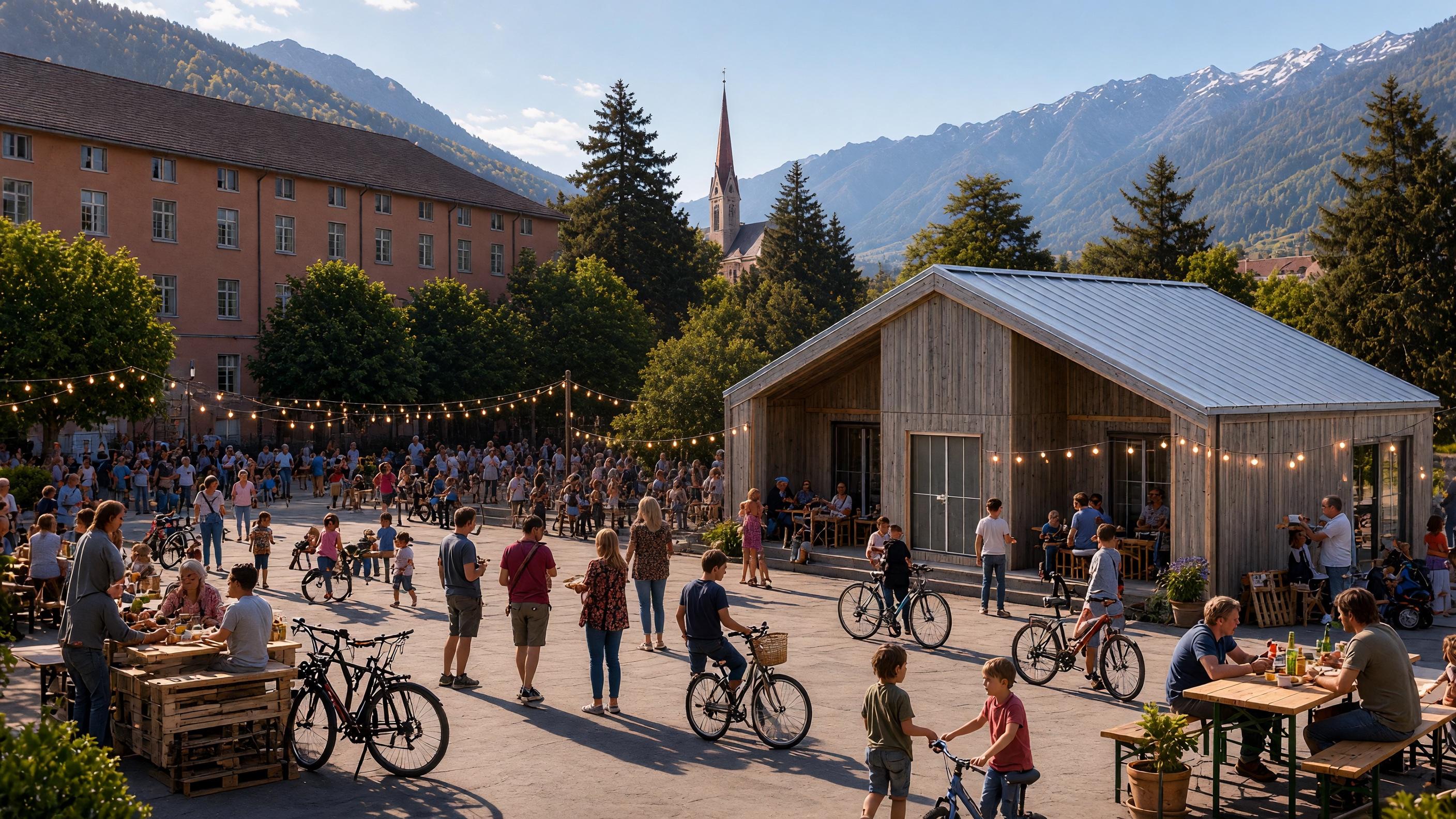 Veranstaltung im Hof von BASIS Vinschgau mit einer Modular House (Visualisierung)